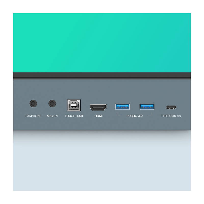 BenQ Board Essential 4K Interactive Display front connection ports including earphone, mic in, touch USB, HDMI, USB 3.0, and USB-C.