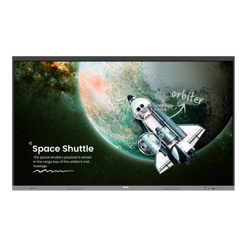 BenQ Board Essential 4K Interactive Display front view with the built-in camera showing a 4K space lesson.
