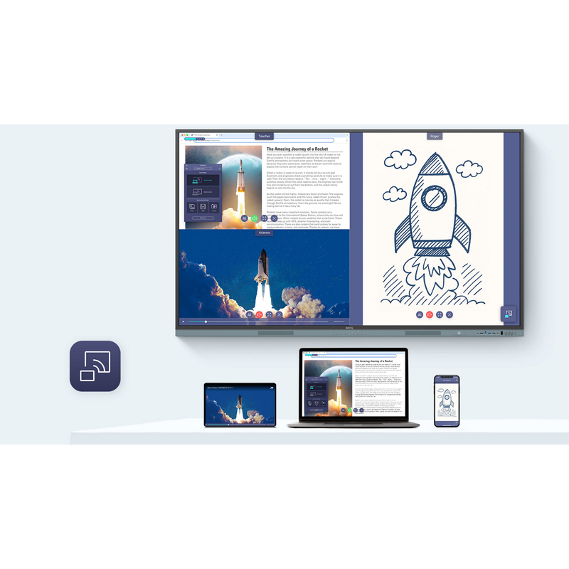 BenQ Board Master 4K Interactive Display wireless screen sharing from a laptop, tablet, and phone to the board.