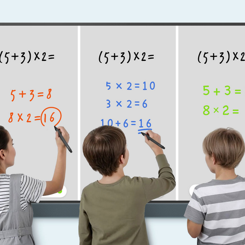 BenQ Board Pro 4K Interactive Display three students solving math problems on the digital whiteboard.
