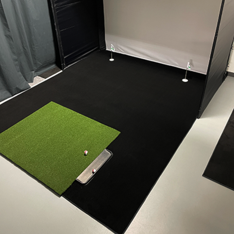 A sample swatch of Big Moss Midnight Shadow GST Golf Simulator Putting Turf for Carl's Place DIY Enclosure.