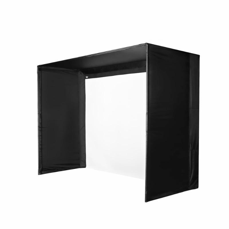 Carl's Place C-Series DIY Golf Simulator Enclosure Package with Impact Screen side view.