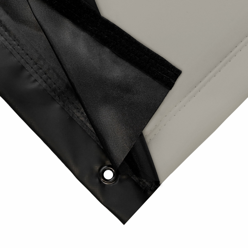 Carls Place C Series Pro corner closeup black grommeted edge gray screen.