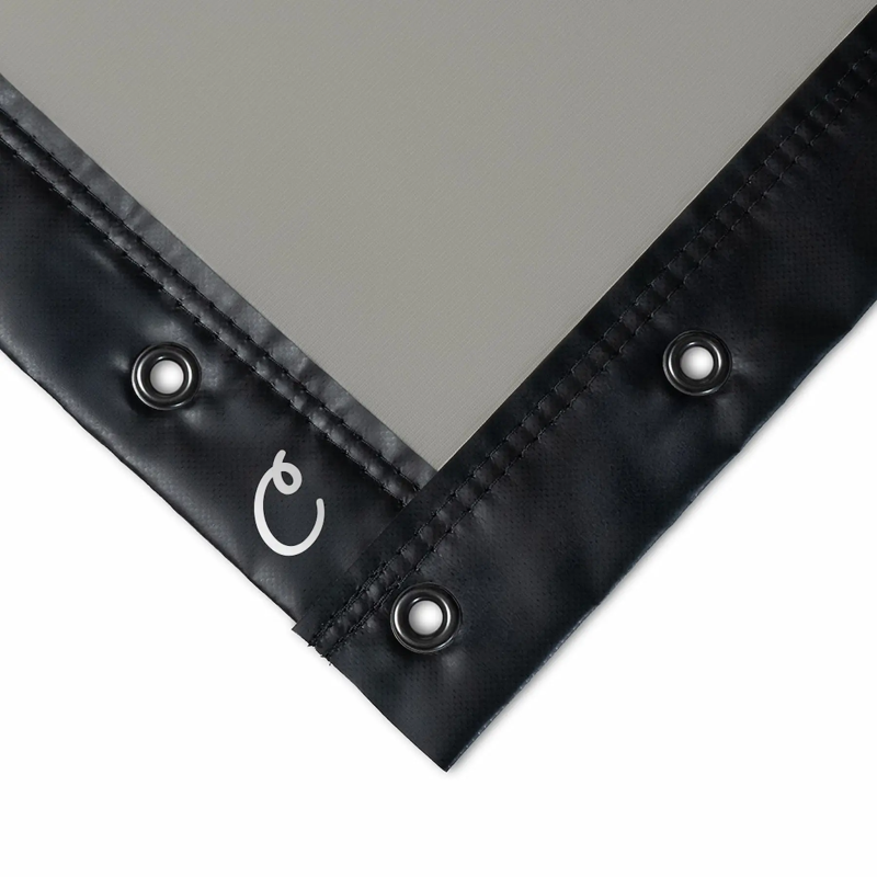 Carls Place High Contrast Gray Impact Screen corner view in Classic Finishing Style with grommets.