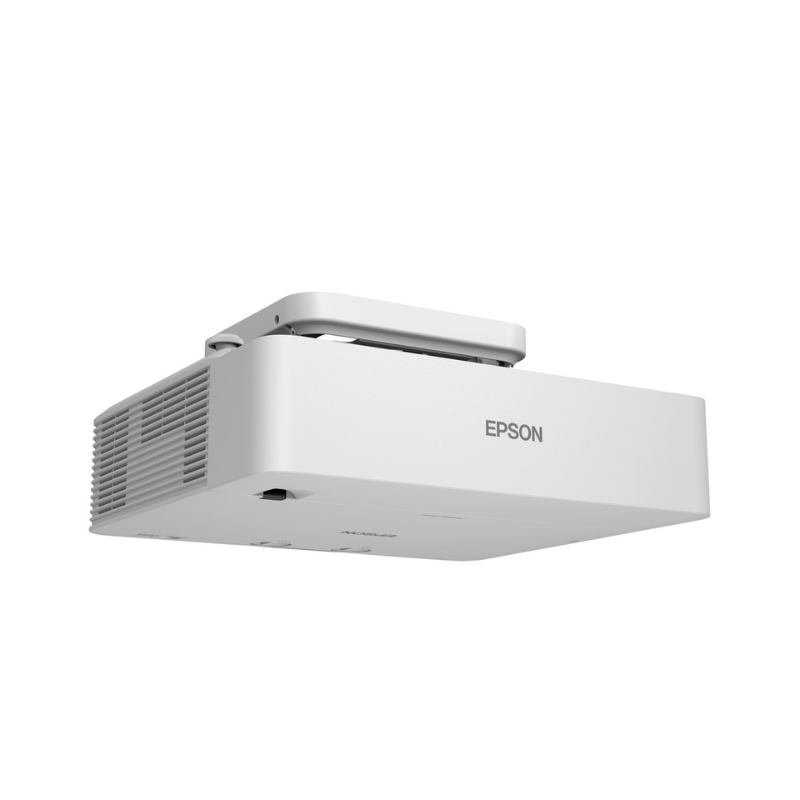 Epson L690E Powerlite 6500-Lumen WUXGA Short Throw 3LCD Laser Projector with 4K Enhancement collapes mount rear angle view.