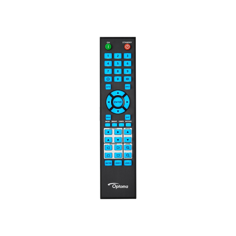 Optoma ZU507TST 5000-Lumens WUXGA Short Throw Golf Simulator Projector black remote blue buttons.