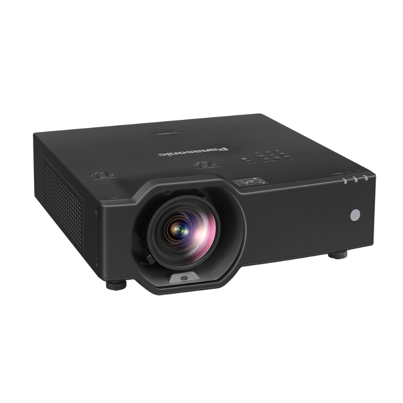 Panasonic PT-VMZ6STBU7 6200-Lumen WUXGA Short Throw Golf Simulator Projector slight right overhead view.