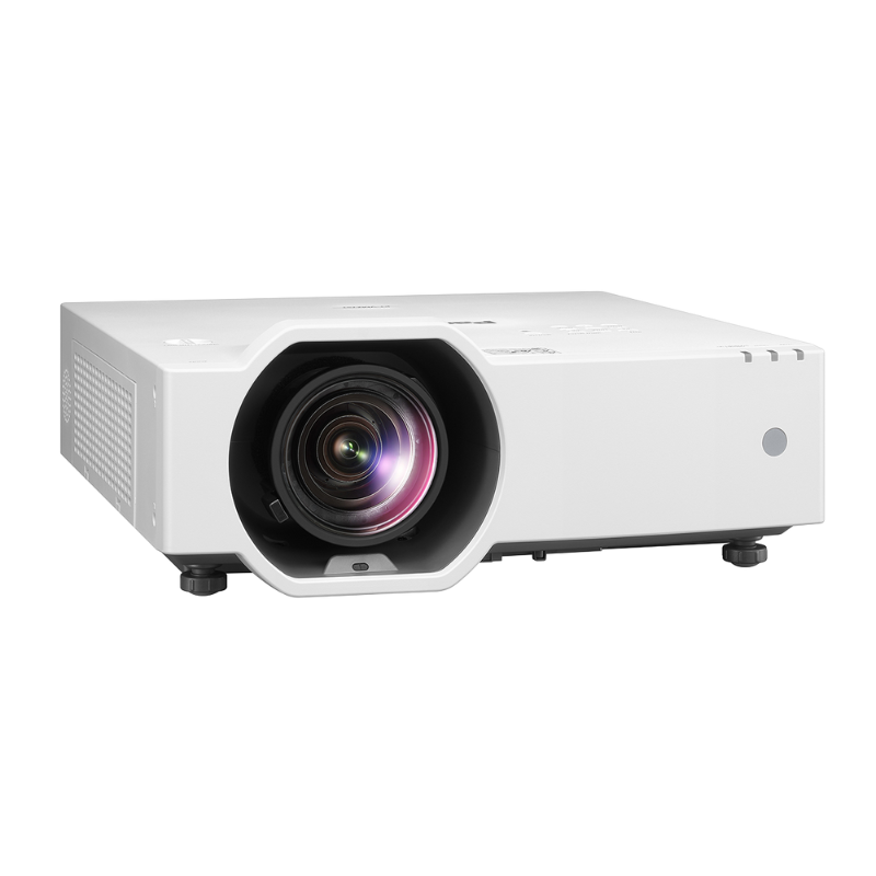 Panasonic PT-VMZ6STU7 6200-Lumen WUXGA Short Throw Golf Simulator Projector right angled view.