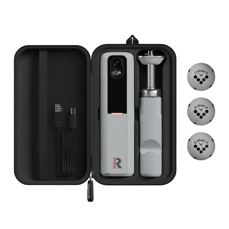 Rapsodo MLM2PRO Launch Monitor with carrying case and golf balls.