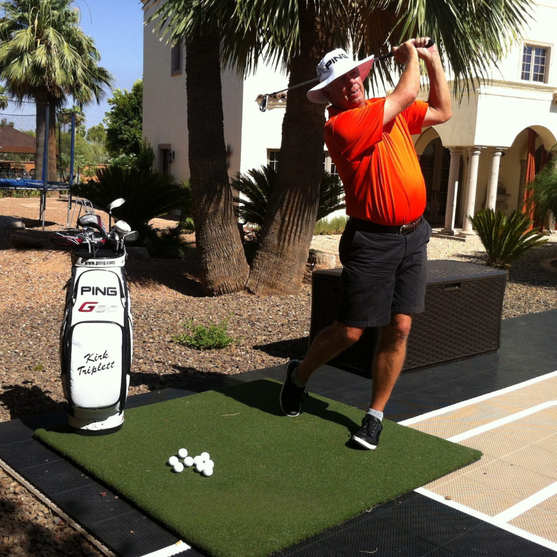 Real Feel Country Club Elite Golf Mat 5x5 foot with Kirk Triplett swinging a golf club.
