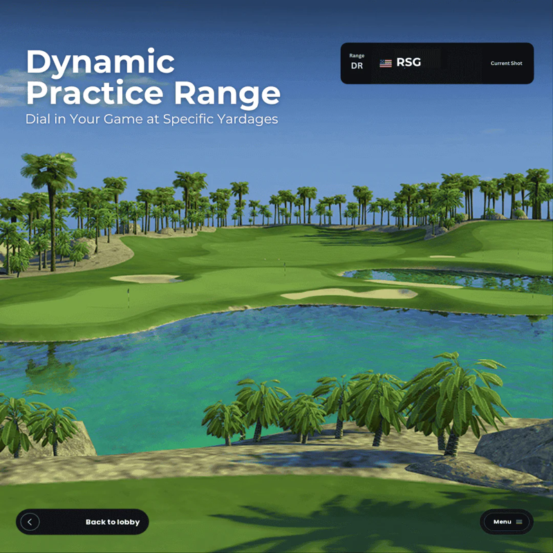 Red Stakes Golf Mobile Golf Studio Bundle practice range view of tropical course.