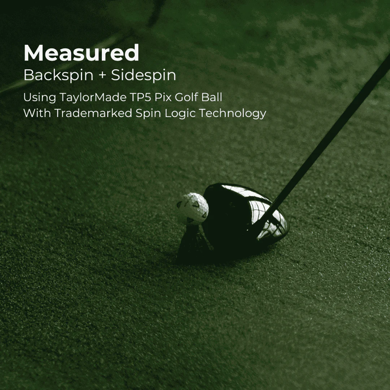 Red Stakes Golf Pro Golf Launch Monitor close up person hitting golf ball with backspin sidespin text.