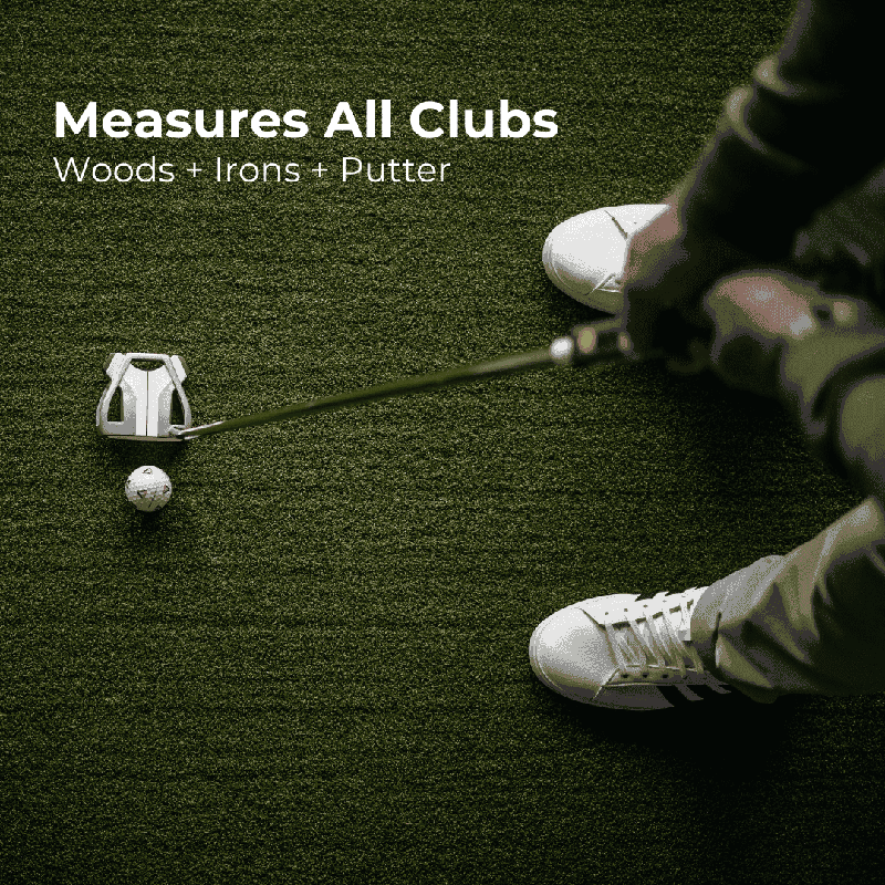 Red Stakes Golf Pro Golf Studio Bundle putting green top view measuring all clubs putter in action.