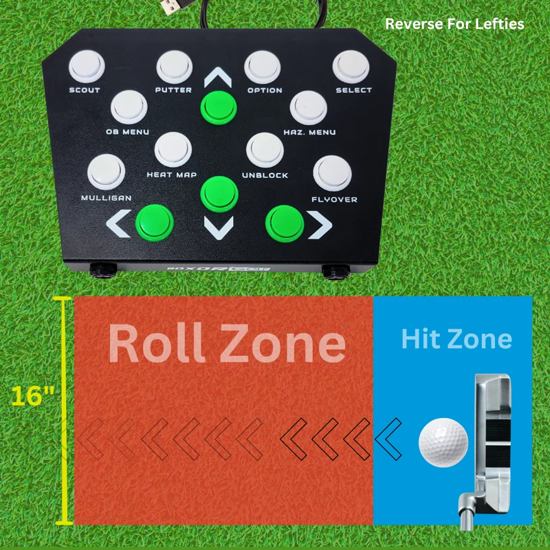 Roxor Golf Mag 14 Control Box top view on green turf reverse for lefties roll zone hit zone putter ball.
