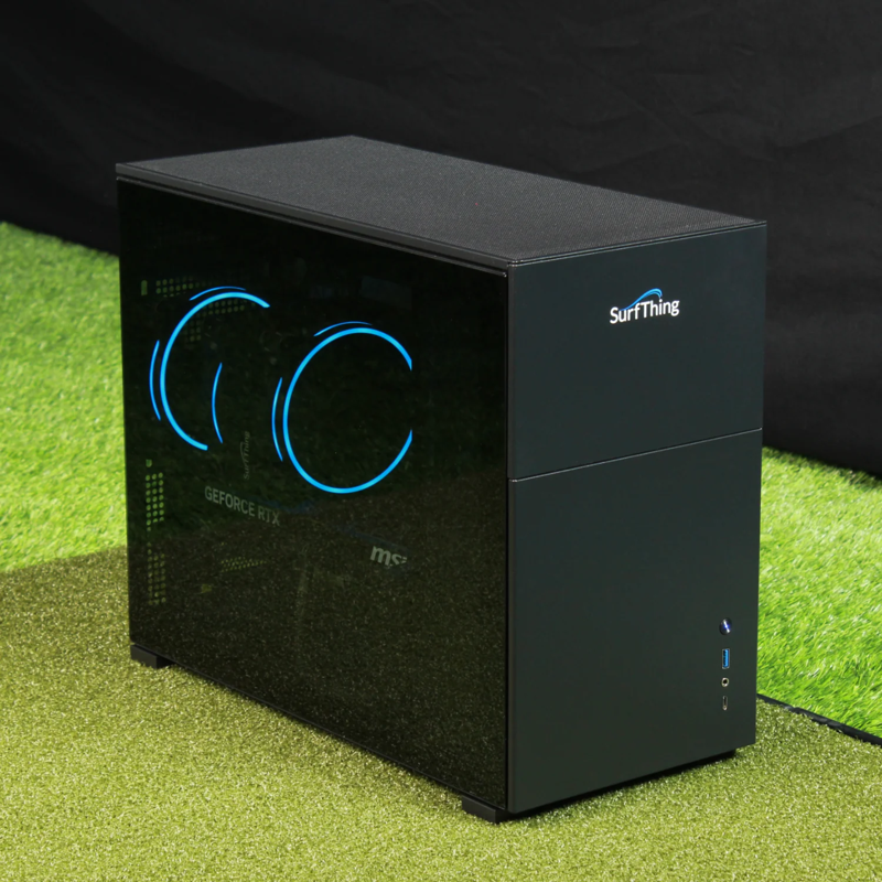 SurfThing SG3-5702Ti Golf Simulator Computer angled view black case blue led fans.
