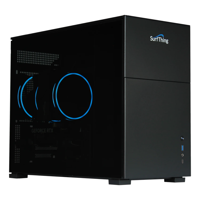 SurfThing SG3-5702Ti Golf Simulator Computer side view tempered glass panel blue led fans.