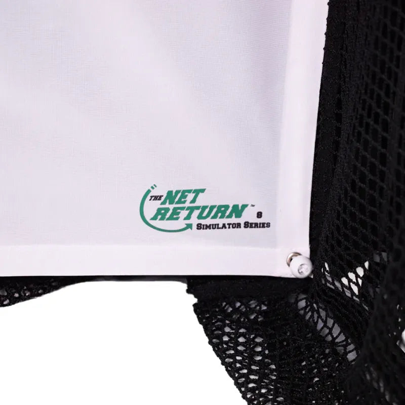 The Net Return Simulator Bay corner white fabric logo detail.
