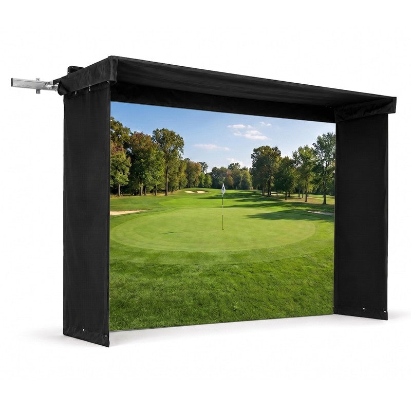 The SportsScreen Vanish LITE Series Golf Simulator Enclosure Vanish LITE 11 render with course projected.