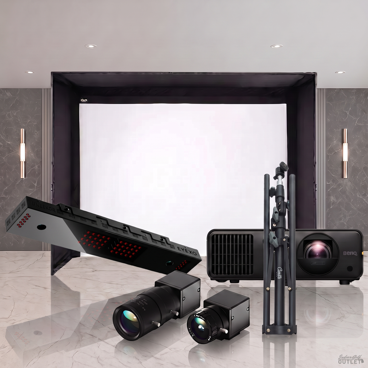 Uneekor EYE XO DIY golf simulator package shown with the two Uneekor Swing Optix swing cameras and a tripod.