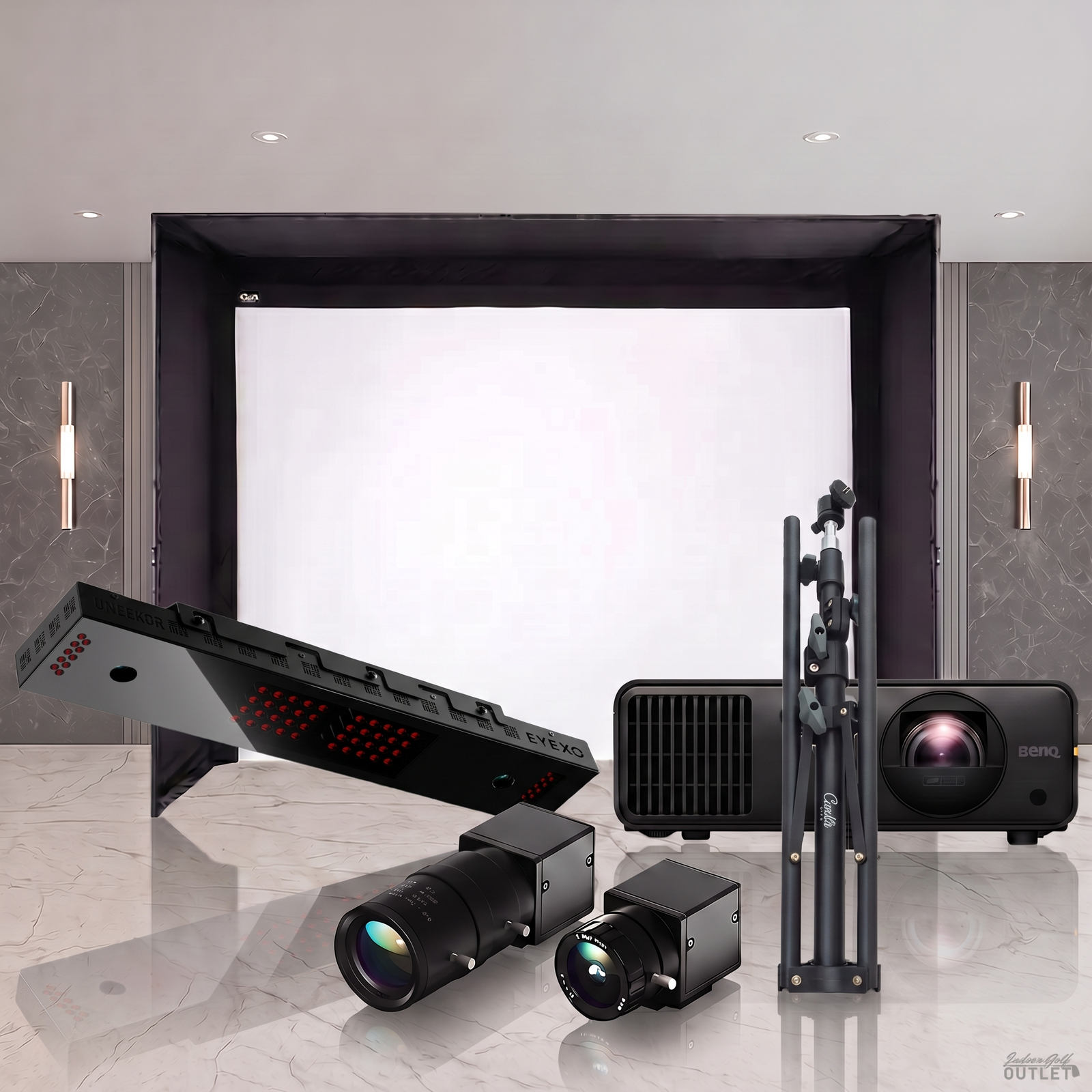 Uneekor EYE XO DIY golf simulator package shown with the two Uneekor Swing Optix swing cameras and a tripod.