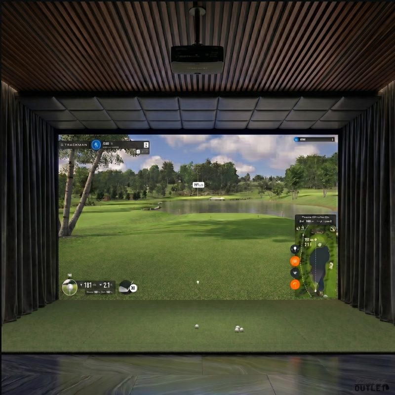 Bushnell Launch Pro Circle B custom installed golf simulator room with wall curtains and leatherette ceiling padding.
