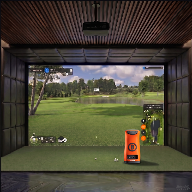 Bushnell Launch Pro Circle B custom installed golf simulator room with leatherette wall and ceiling padding.