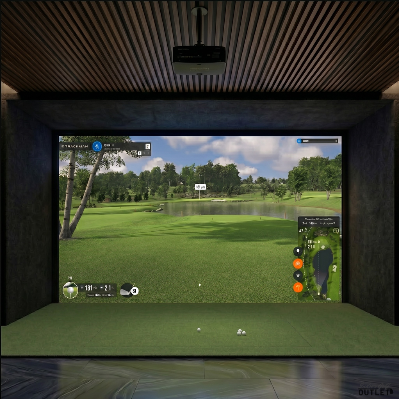 Foresight Sports Falcon custom installed golf simulator room with acoustic carpet wall and ceiling padding.