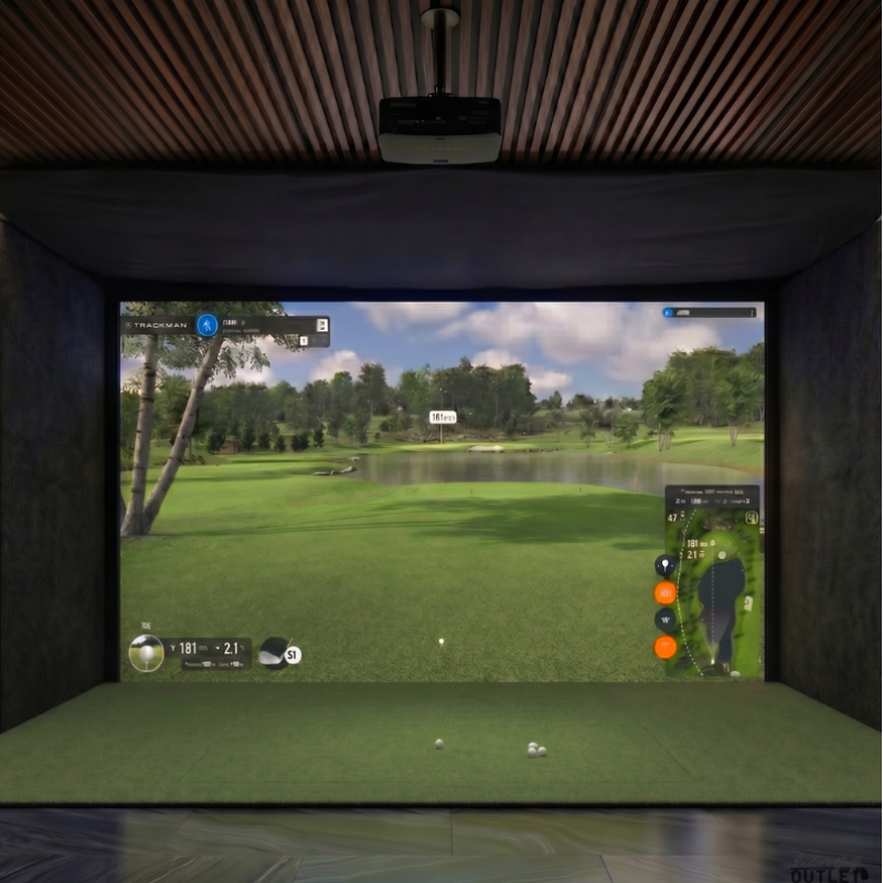 Foresight Sports Falcon custom installed golf simulator room with acoustic carpet wall padding and mesh ceiling.