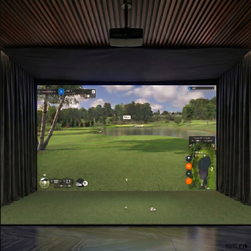 Foresight Sports GCQuad custom installed golf simulator room with wall curtains and mesh ceiling.