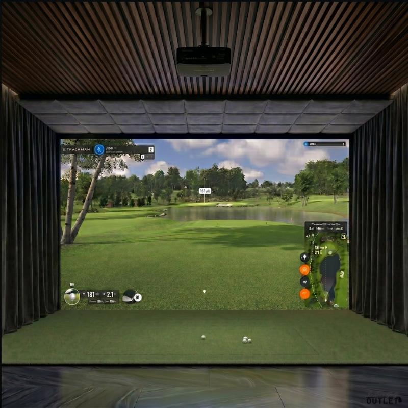 ProTee United VX custom installed golf simulator room with wall curtains and velvet ceiling padding.