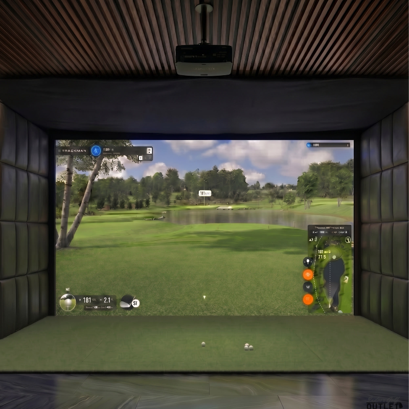 ProTee United VX custom installed golf simulator room with leatherette wall padding and mesh ceiling.