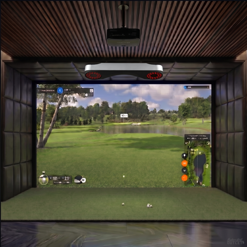 ProTee United VX custom installed golf simulator room with leatherette wall and ceiling padding.