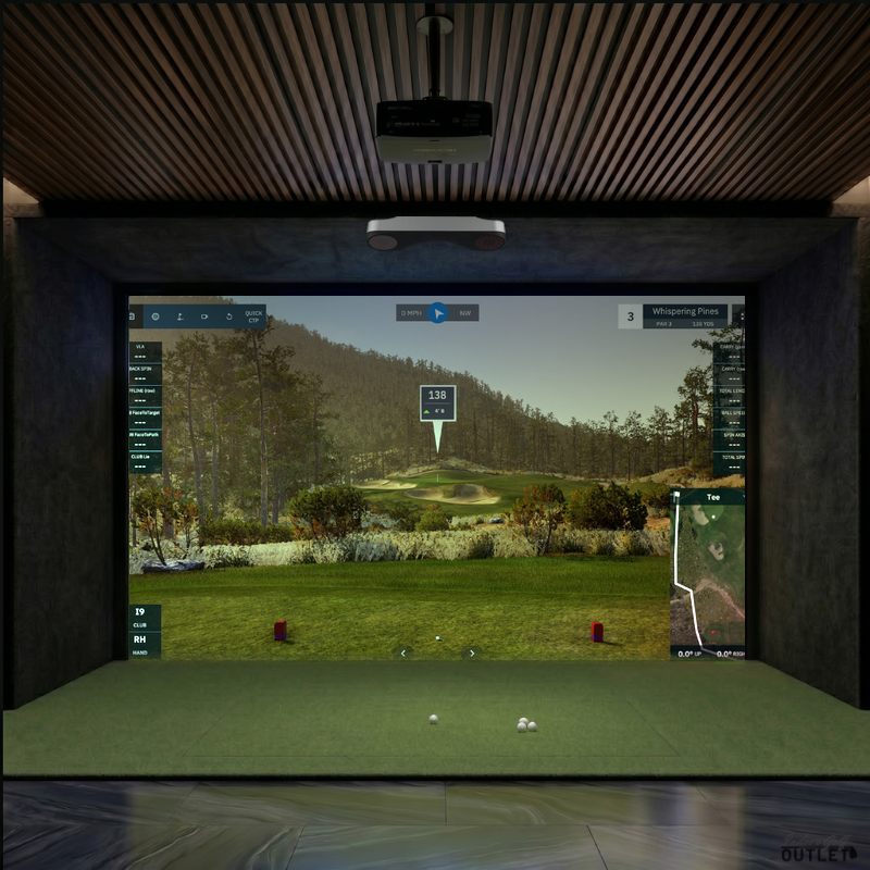 ProTee United VX custom installed golf simulator room with acoustic carpet wall and ceiling padding.