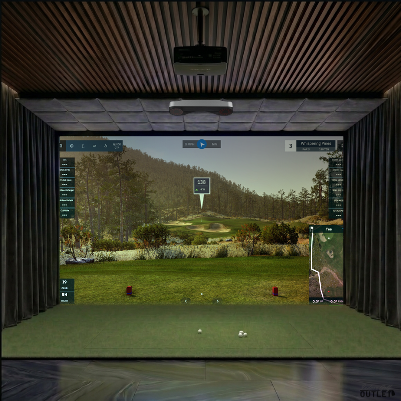 ProTee United VX custom installed golf simulator room with wall curtains and velvet ceiling padding.