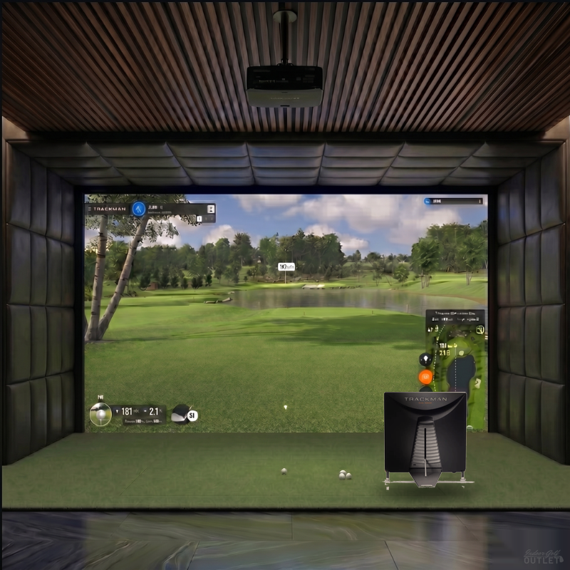 Trackman 4 custom installed golf simulator room with leatherette wall and ceiling padding.