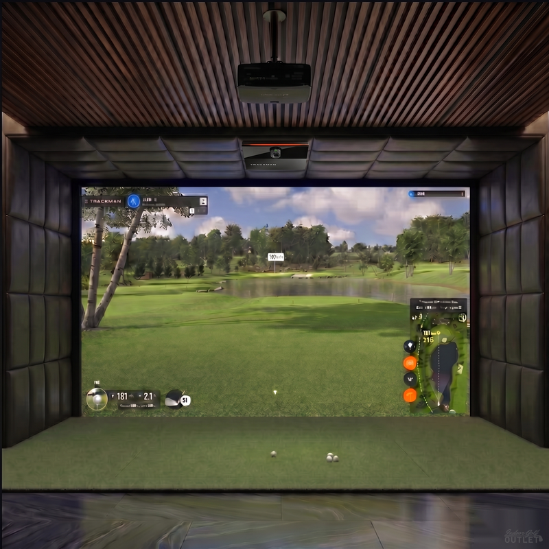 Trackman iO Commercial custom installed golf simulator room with leatherette wall and ceiling padding.
