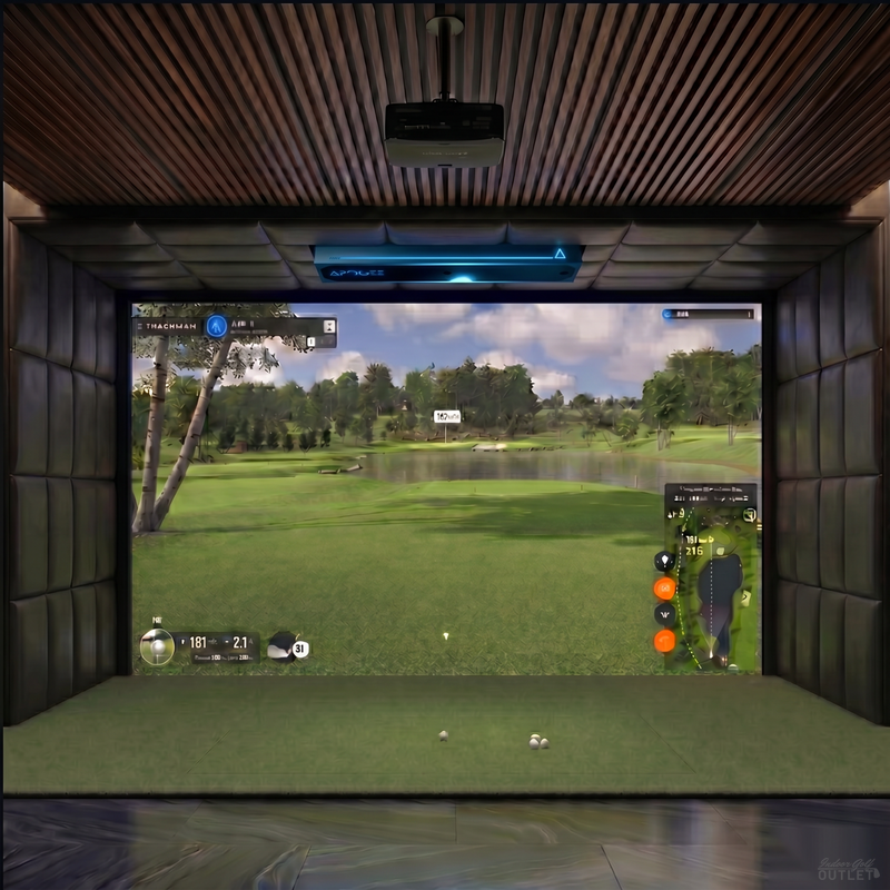 TruGolf APOGEE custom installed golf simulator room with leatherette wall and ceiling padding.