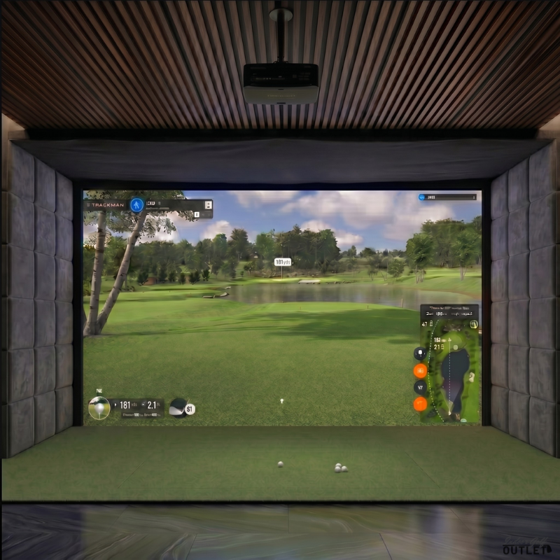 Uneekor EYE MINI custom installed golf simulator room with velvet wall padding and mesh ceiling.