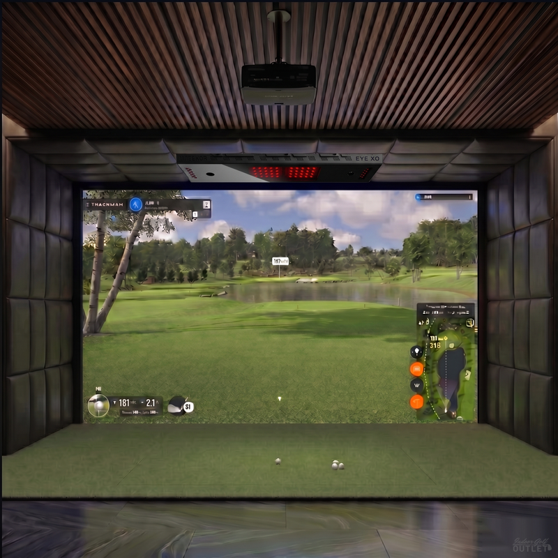 Uneekor EYE XO custom installed golf simulator room with leatherette wall and ceiling padding.