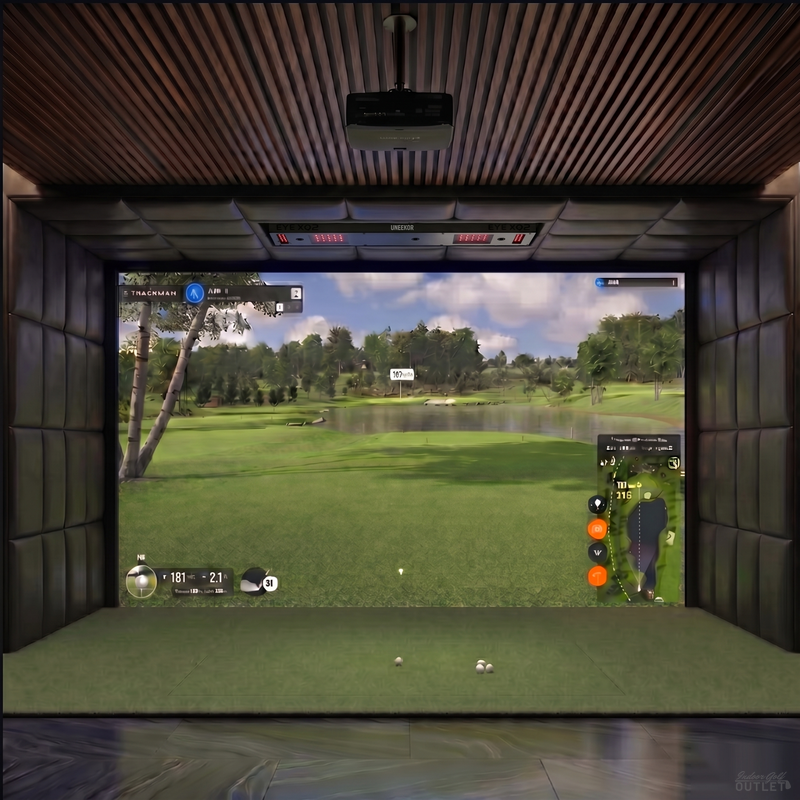 Uneekor EYE XO2 custom installed golf simulator room with leatherette wall and ceiling padding.